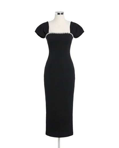 Crystal Trim Black Midi Dress