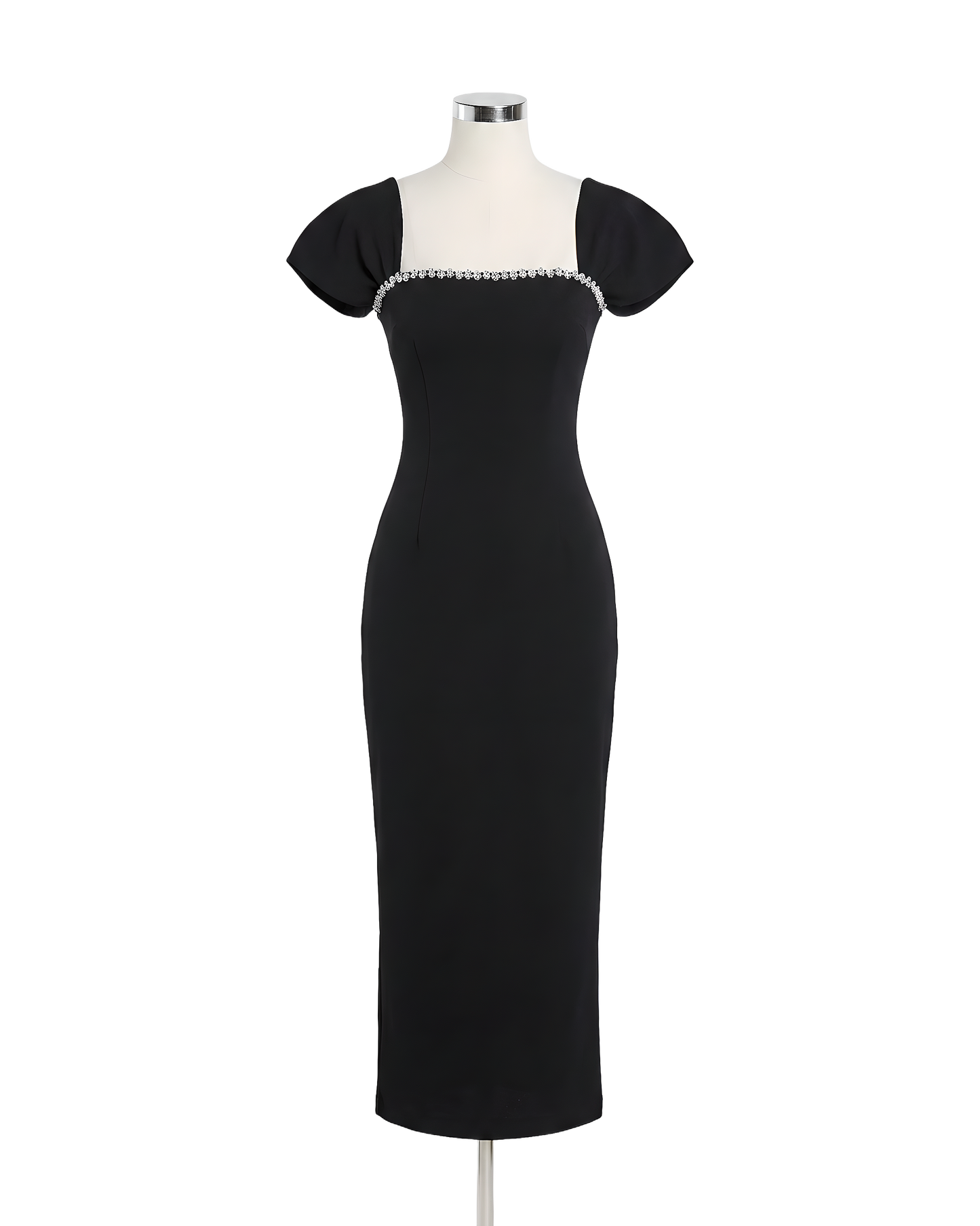 Crystal Trim Black Midi Dress