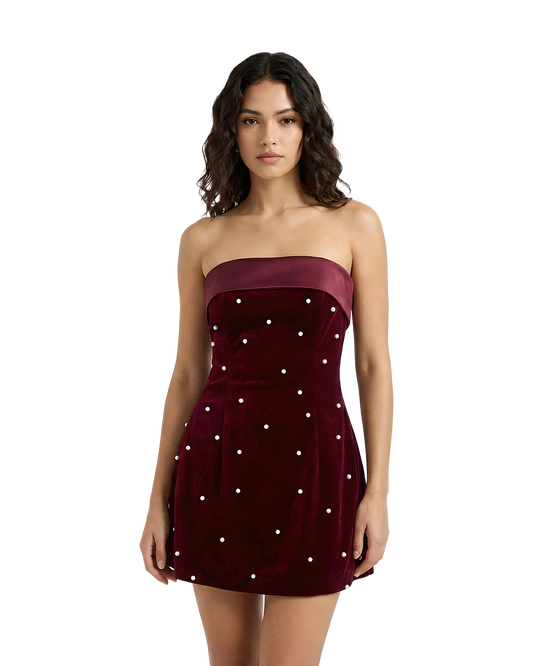 Studded Velvet Strapless Mini Dress