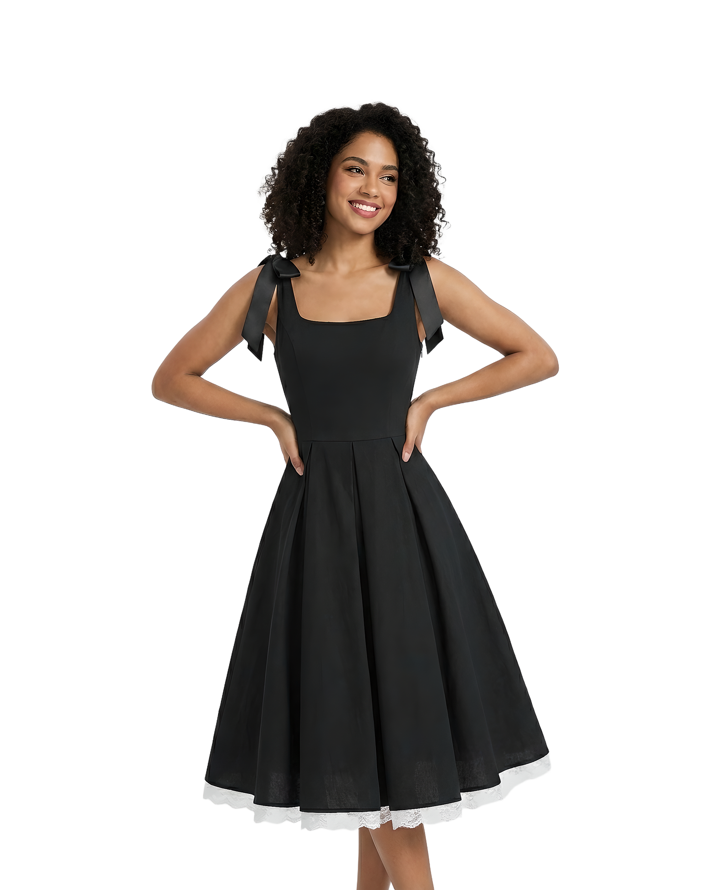 Ribbon Strap Black Midi Dress