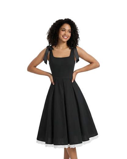 Ribbon Strap Black Midi Dress