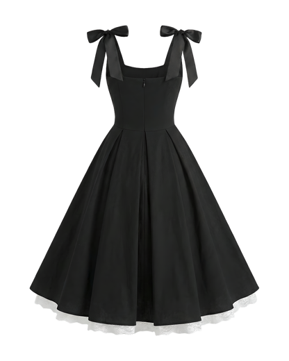 Ribbon Strap Black Midi Dress