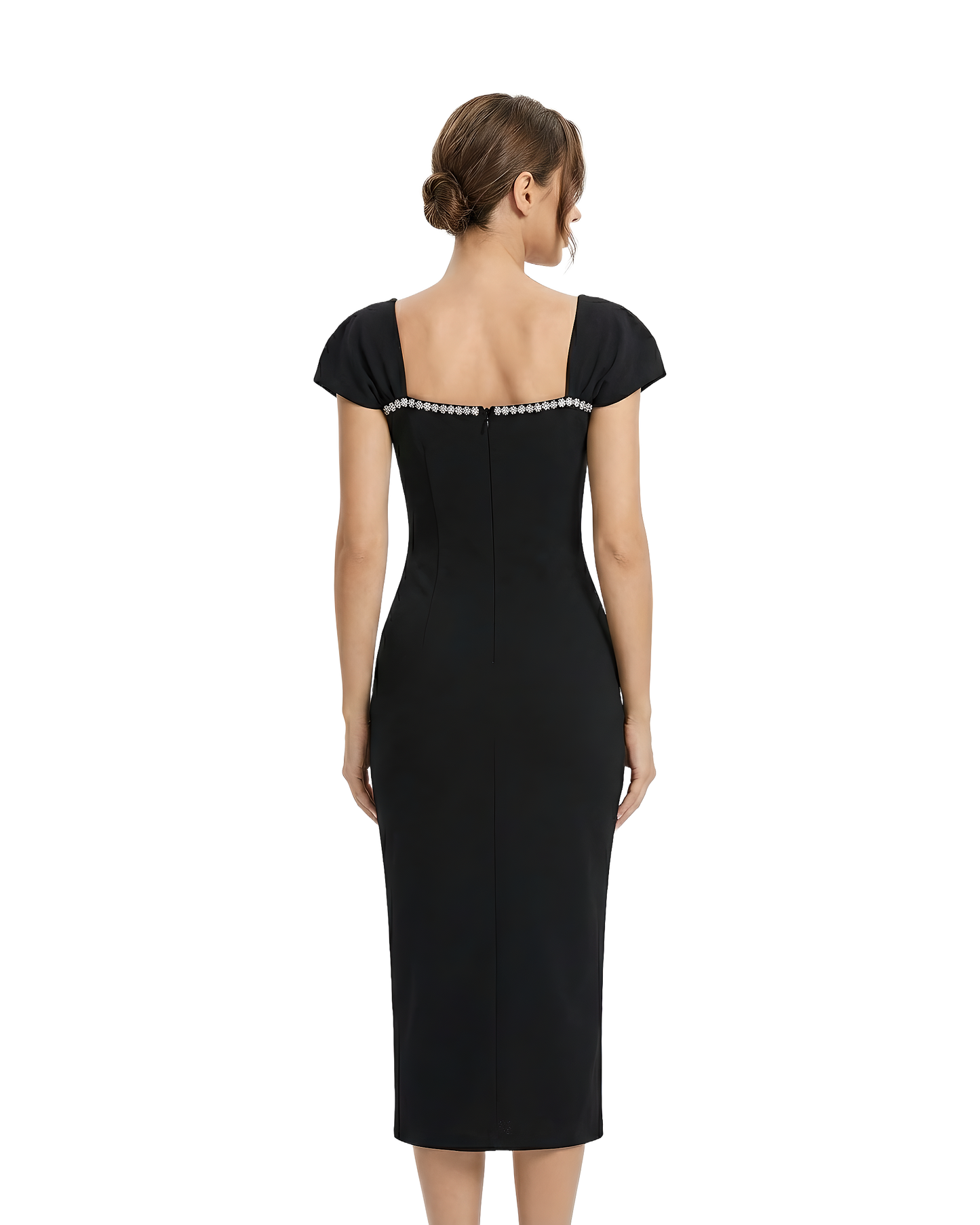 Crystal Trim Black Midi Dress