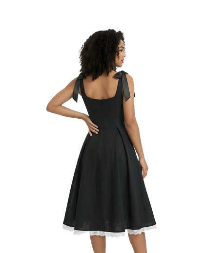 Ribbon Strap Black Midi Dress