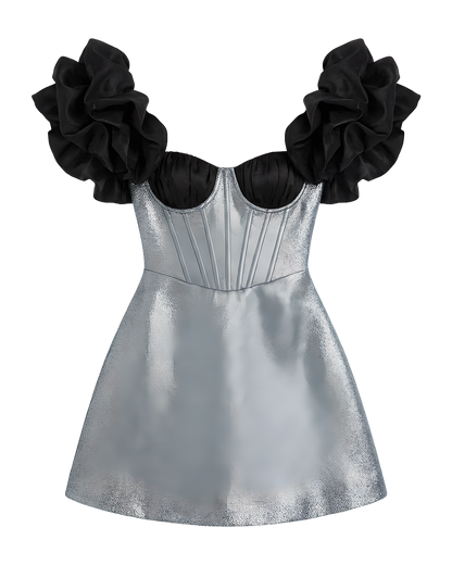 Metallic Corset Ruffle Sleeve Dress