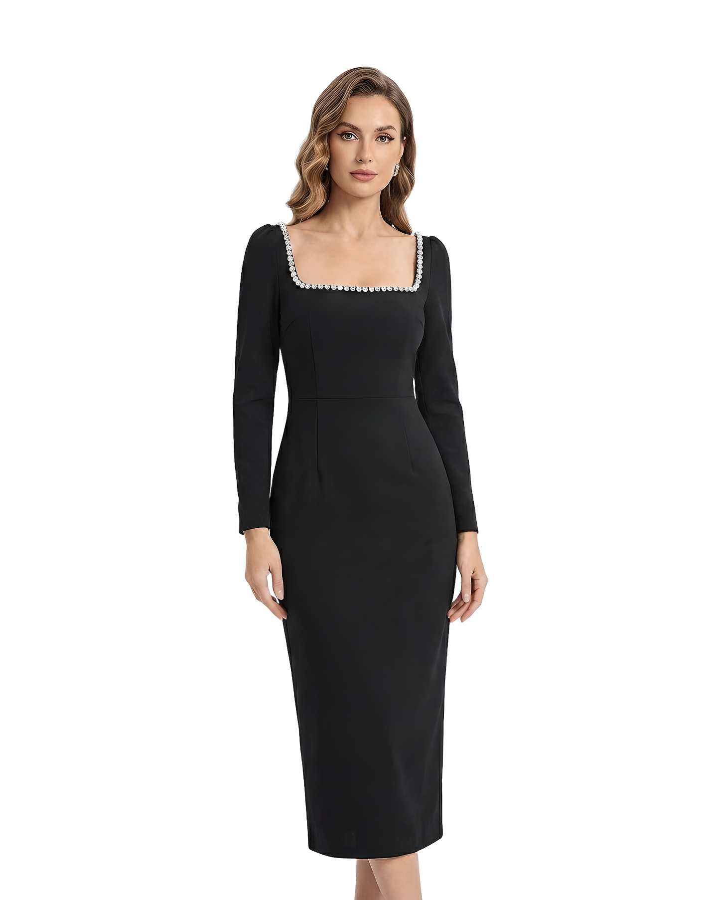 Crystal Trim Square Neck Dress