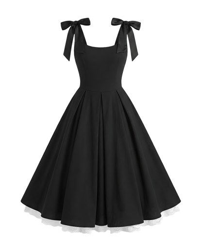 Ribbon Strap Black Midi Dress