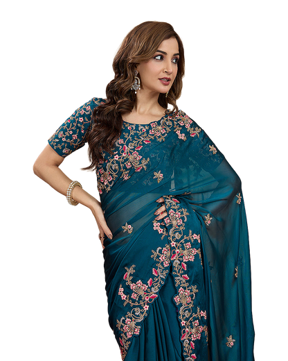 Floral Embroidered Designer Party Saree