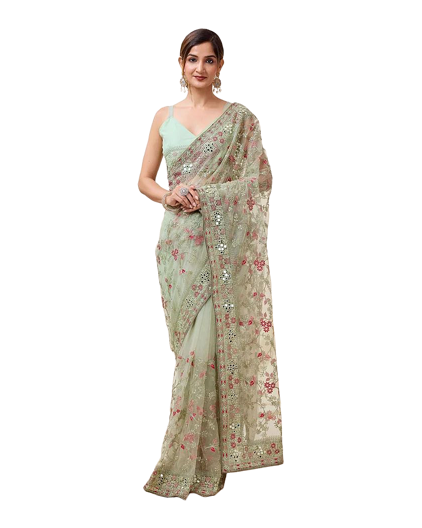 Floral Mirror Embroidered Designer Net Saree