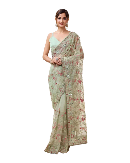 Floral Mirror Embroidered Designer Net Saree