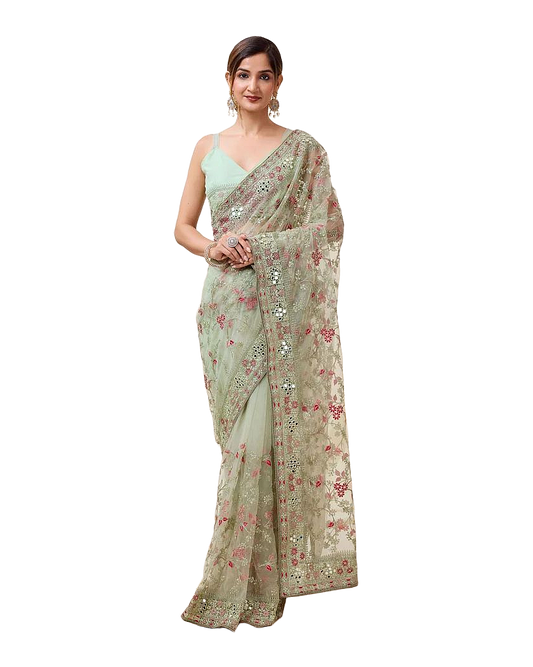 Floral Mirror Embroidered Designer Net Saree