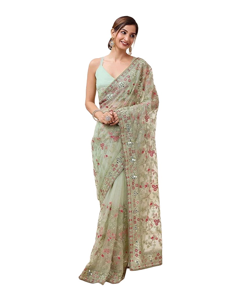 Floral Mirror Embroidered Designer Net Saree
