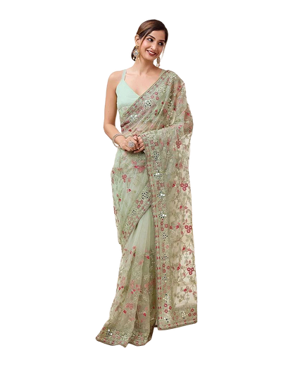 Floral Mirror Embroidered Designer Net Saree
