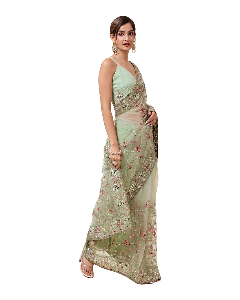 Floral Mirror Embroidered Designer Net Saree