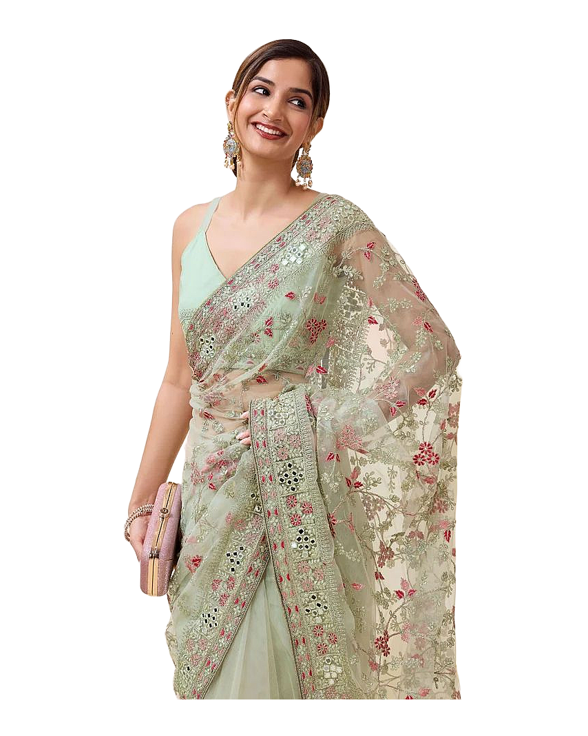 Floral Mirror Embroidered Designer Net Saree