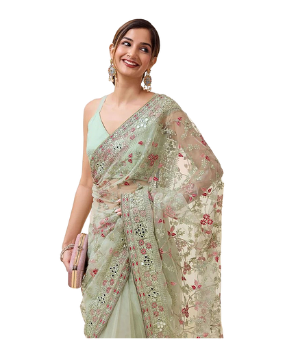 Floral Mirror Embroidered Designer Net Saree
