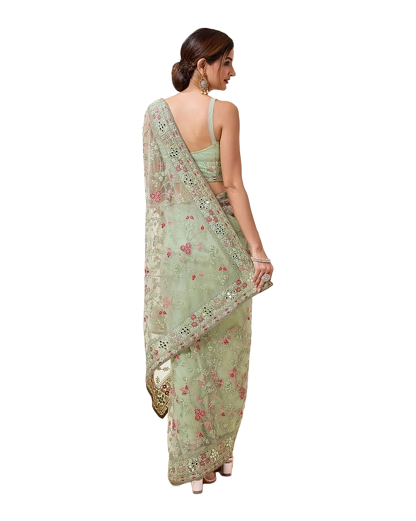 Floral Mirror Embroidered Designer Net Saree