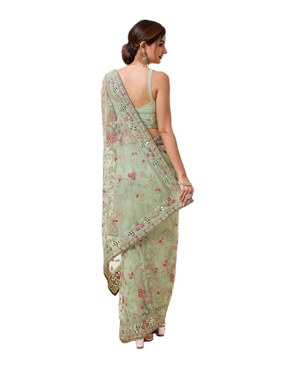 Floral Mirror Embroidered Designer Net Saree