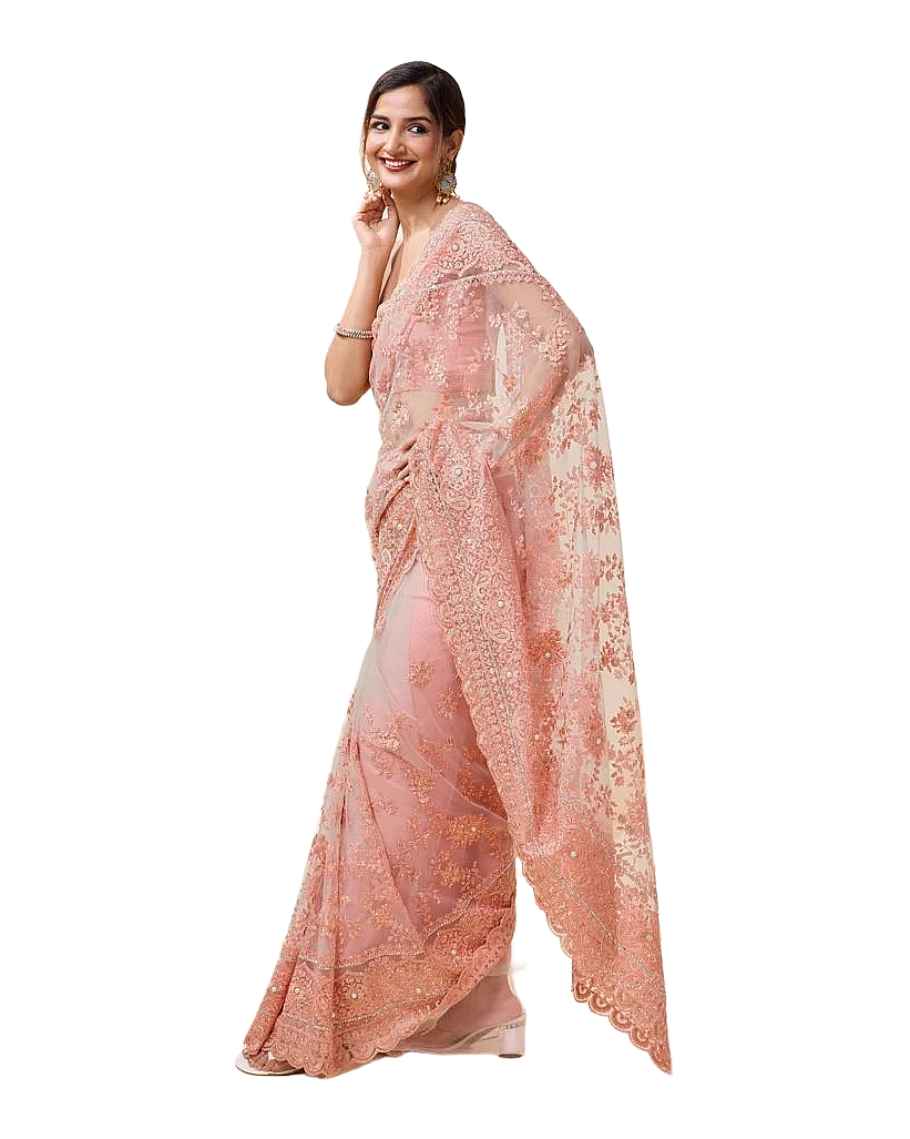 Floral Pearl Embroidered Designer Net Saree
