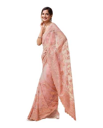 Floral Pearl Embroidered Designer Net Saree