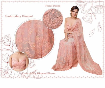 Floral Pearl Embroidered Designer Net Saree